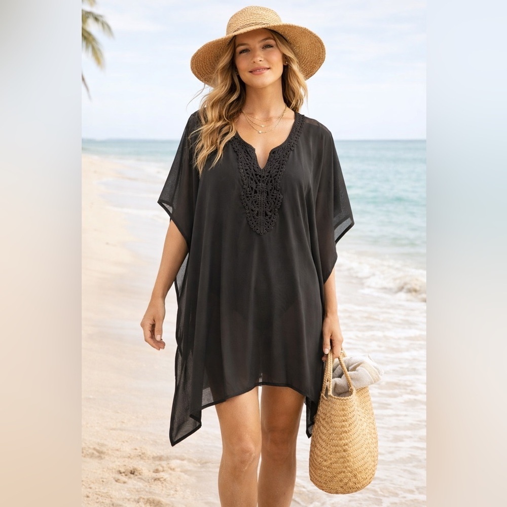 🚩 Final Sale 
Beaches and Boho | Sheer Boho Crochet Cape Swim Coverup